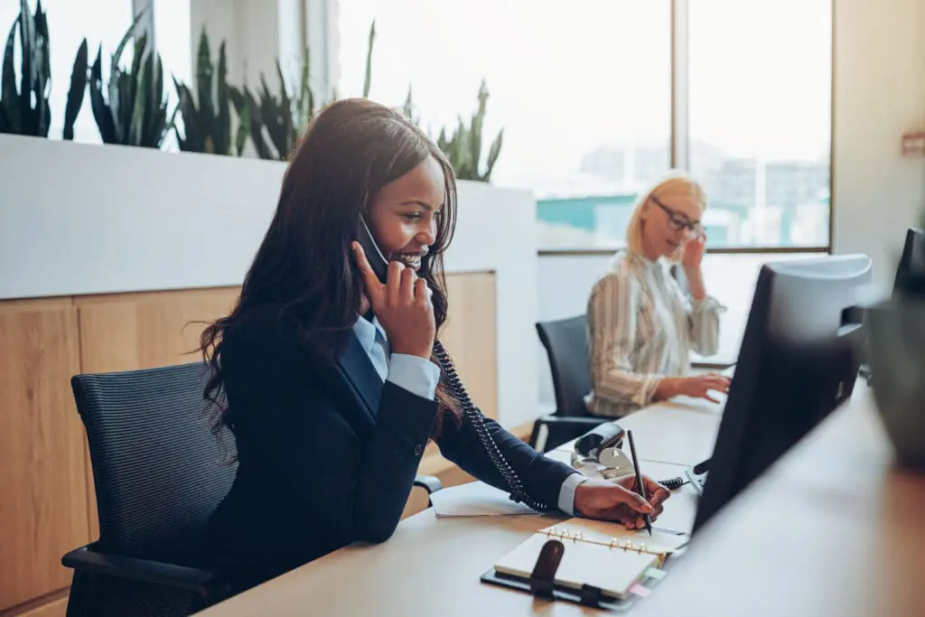 Businesswoman on a live transferred call