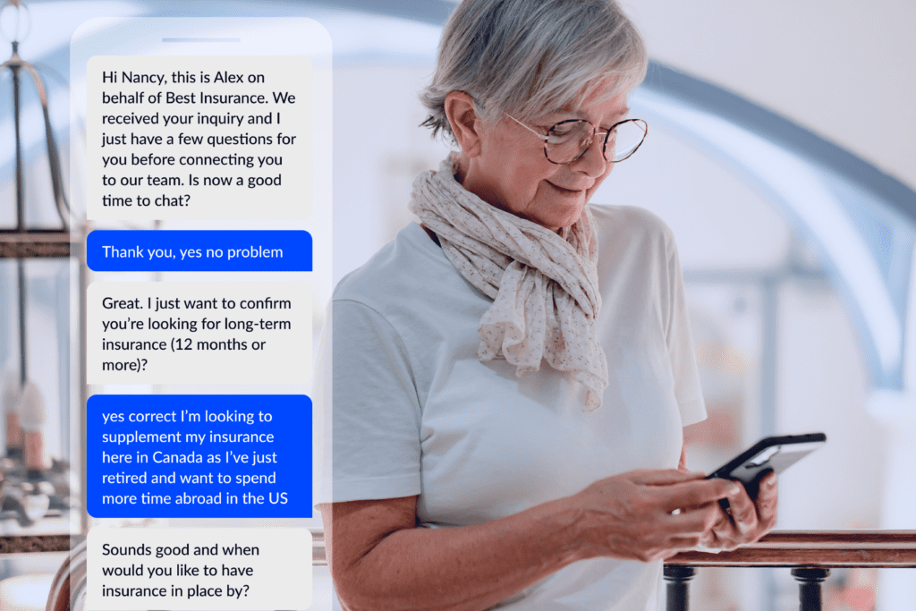 Older woman texting about insurance needs