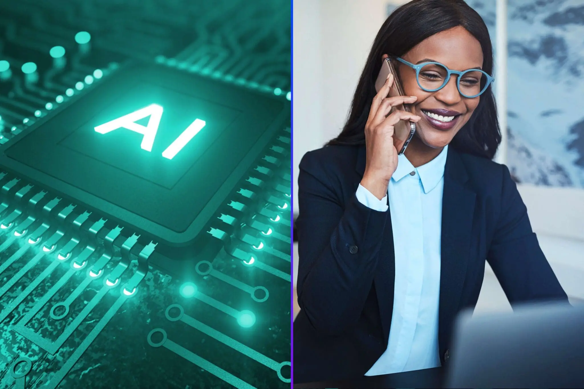 Image divided into two halves, with an AI chip on the left, and a human SDR on the phone on the right