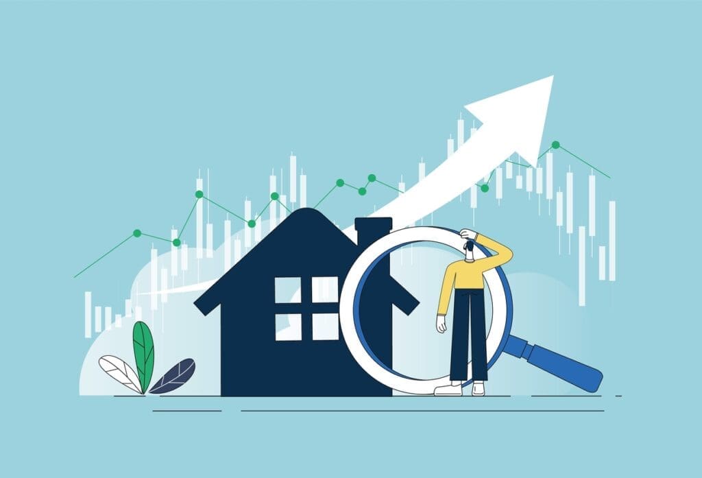 Vector image of a house with an arrow showing increasing interest rates.