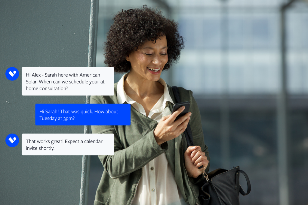 Happy customer texting a company using Verse