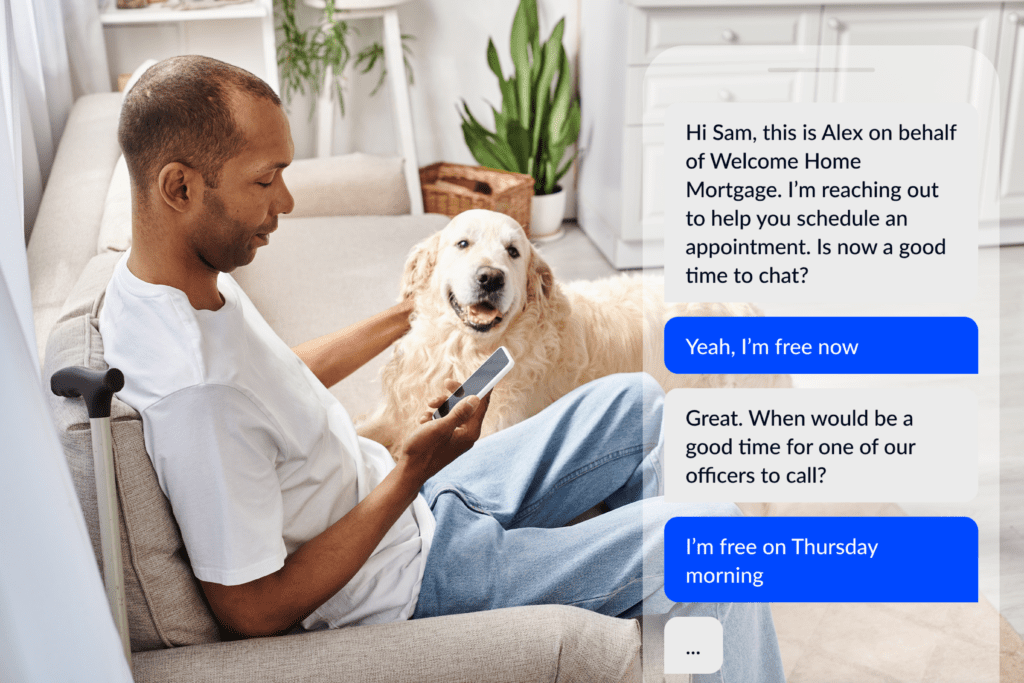 Man with his dog, texting mortgage team