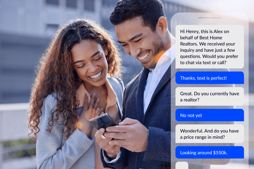 Couple smiling about texts about real estate inquiry