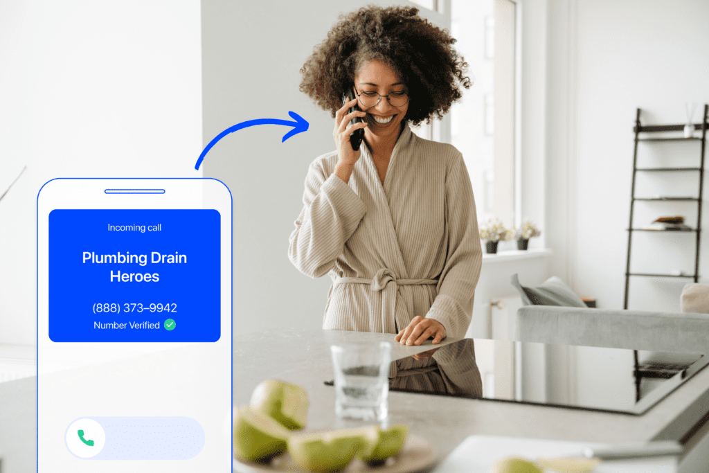 Woman on phone with plumbing company