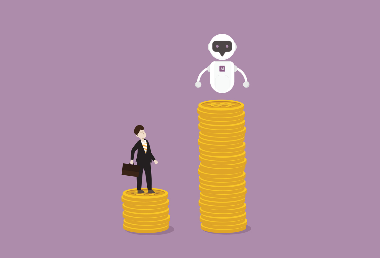 Illustration of chatbot on a coin pile shows how AI can help increase revenue and sales. 