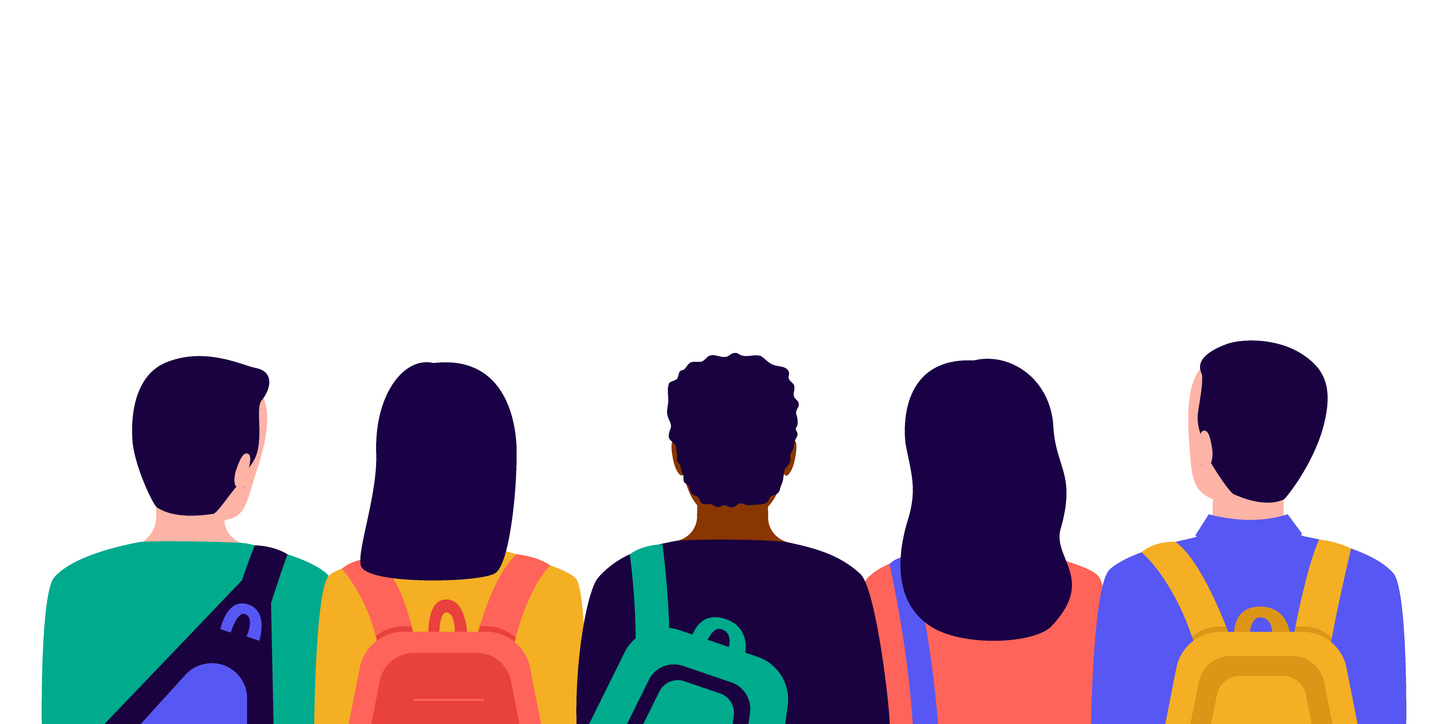 A back view of students with backpacks illustrated.