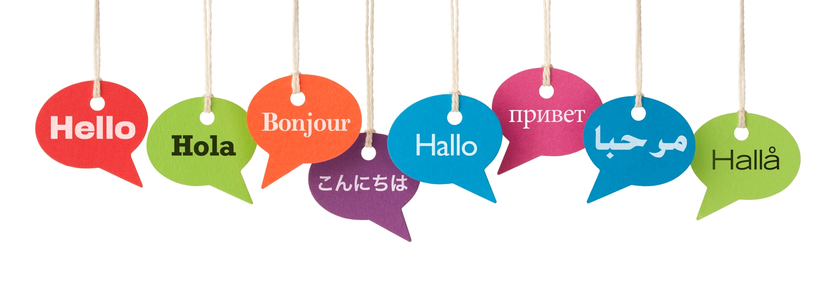 Multilingual hanging signs that read "hello" in various languages.