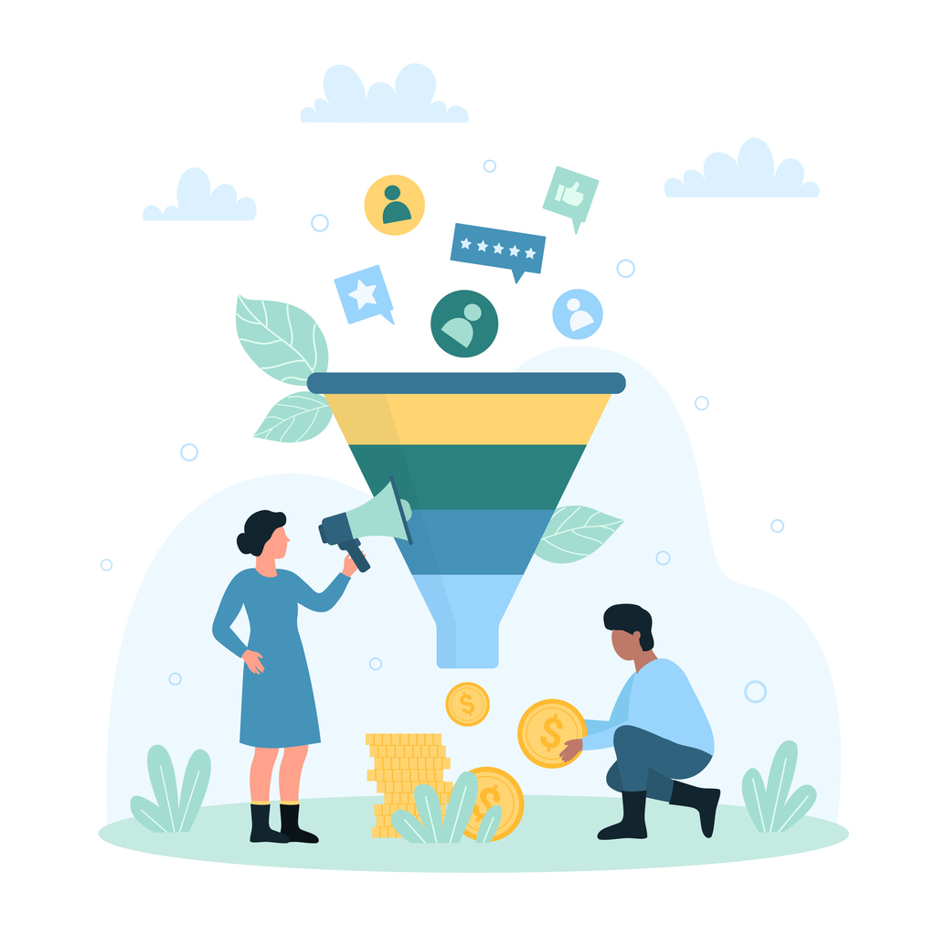 Sales and marketing funnel illustrates how AI chatbots can help nurture leads.