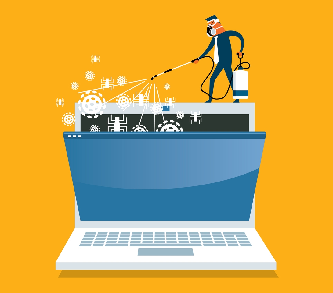 Illustration shows man cleaning computer files, a step before lead qualification automation. 