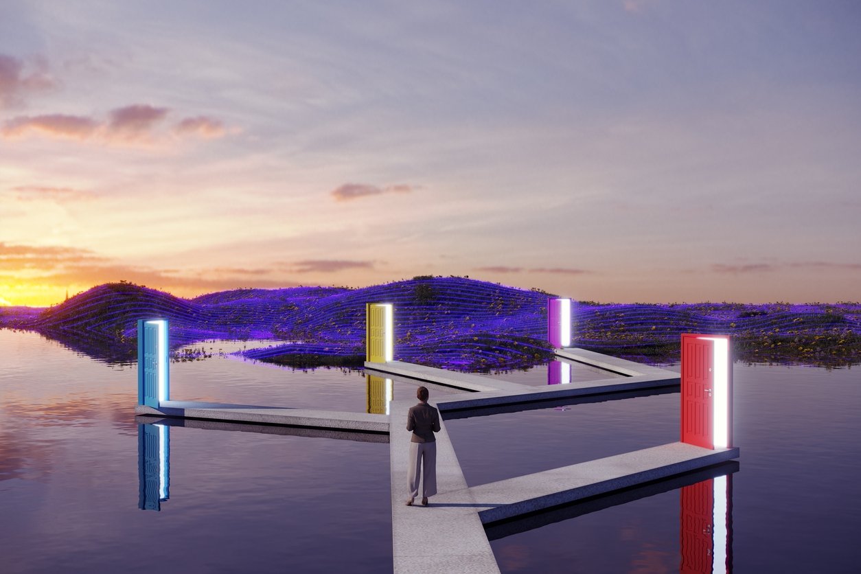 A person stands on a dock with multiple paths available, representing the many chatbot solutions available.