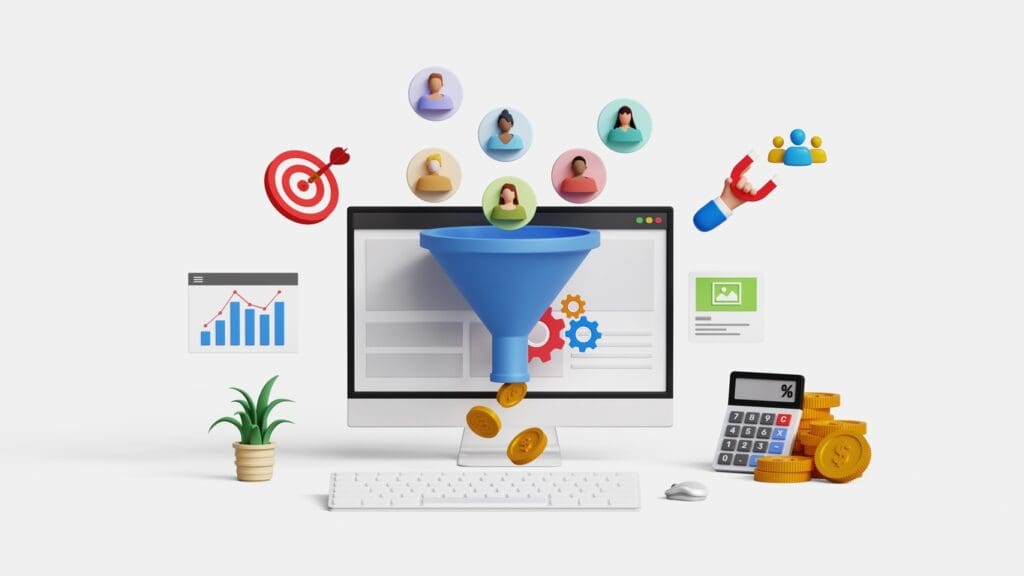 Illustration of leads going through the sales funnel as a result of AI-driven lead generation tools.