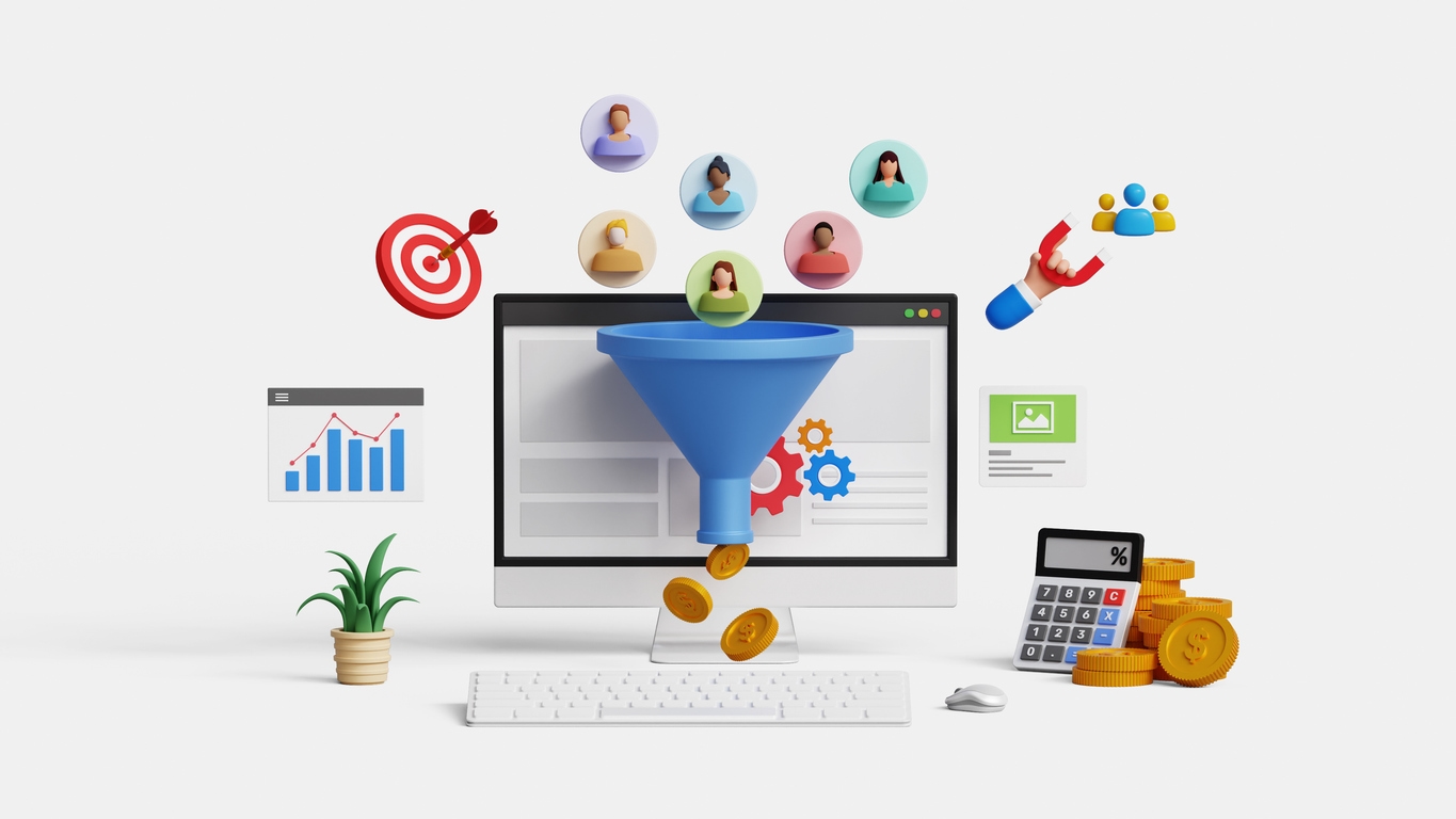 Illustration of leads going through the sales funnel as a result of AI-driven lead generation tools.