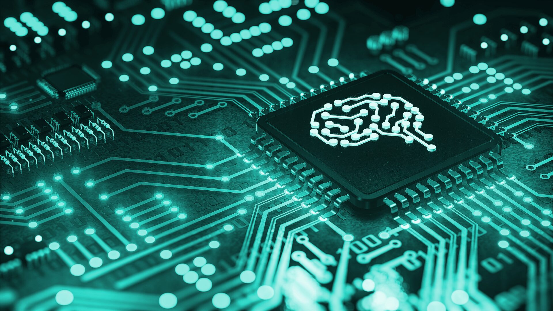 a circuit board with a brain symbol