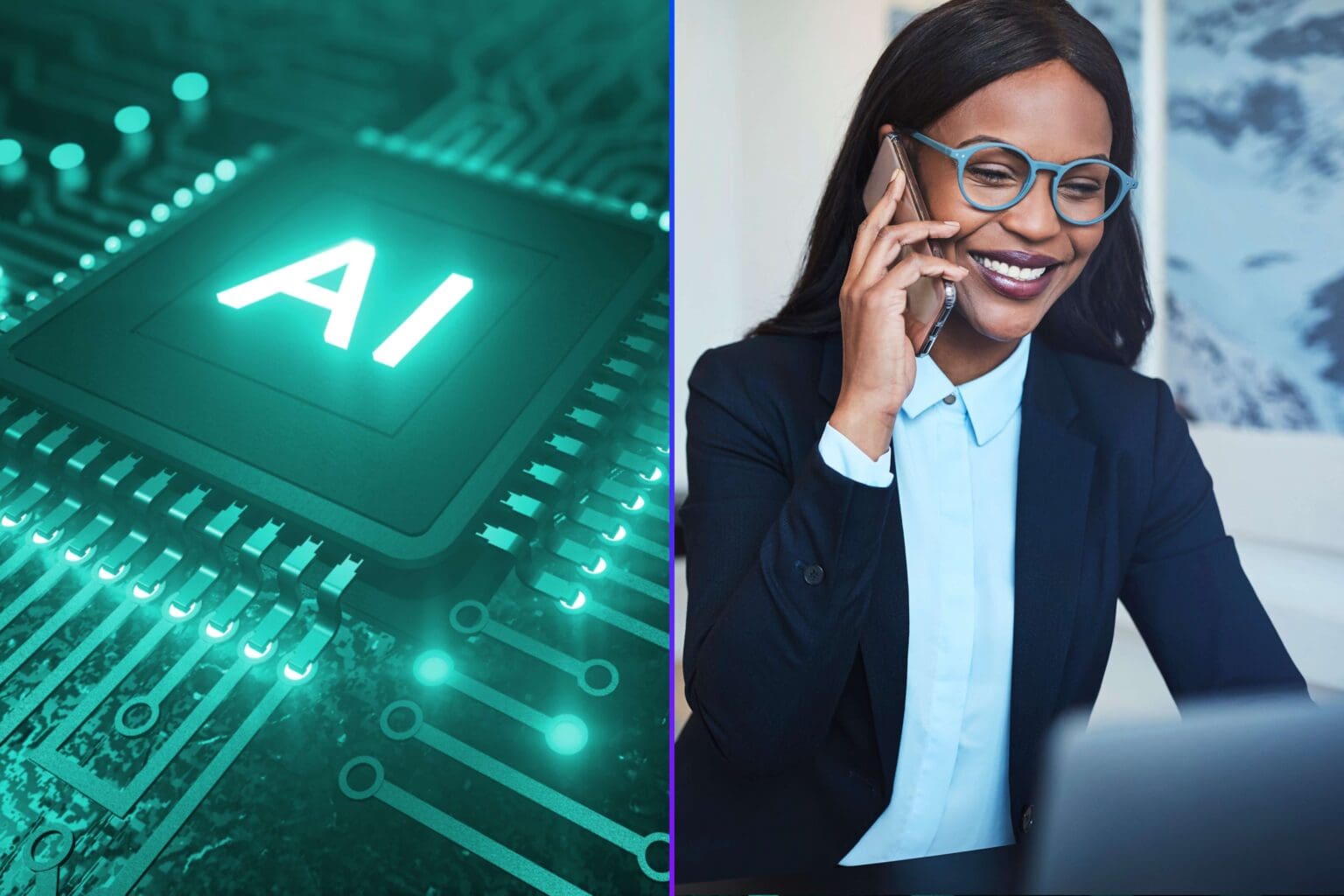 Image divided into two halves, with an AI chip on the left, and a human SDR on the phone on the right