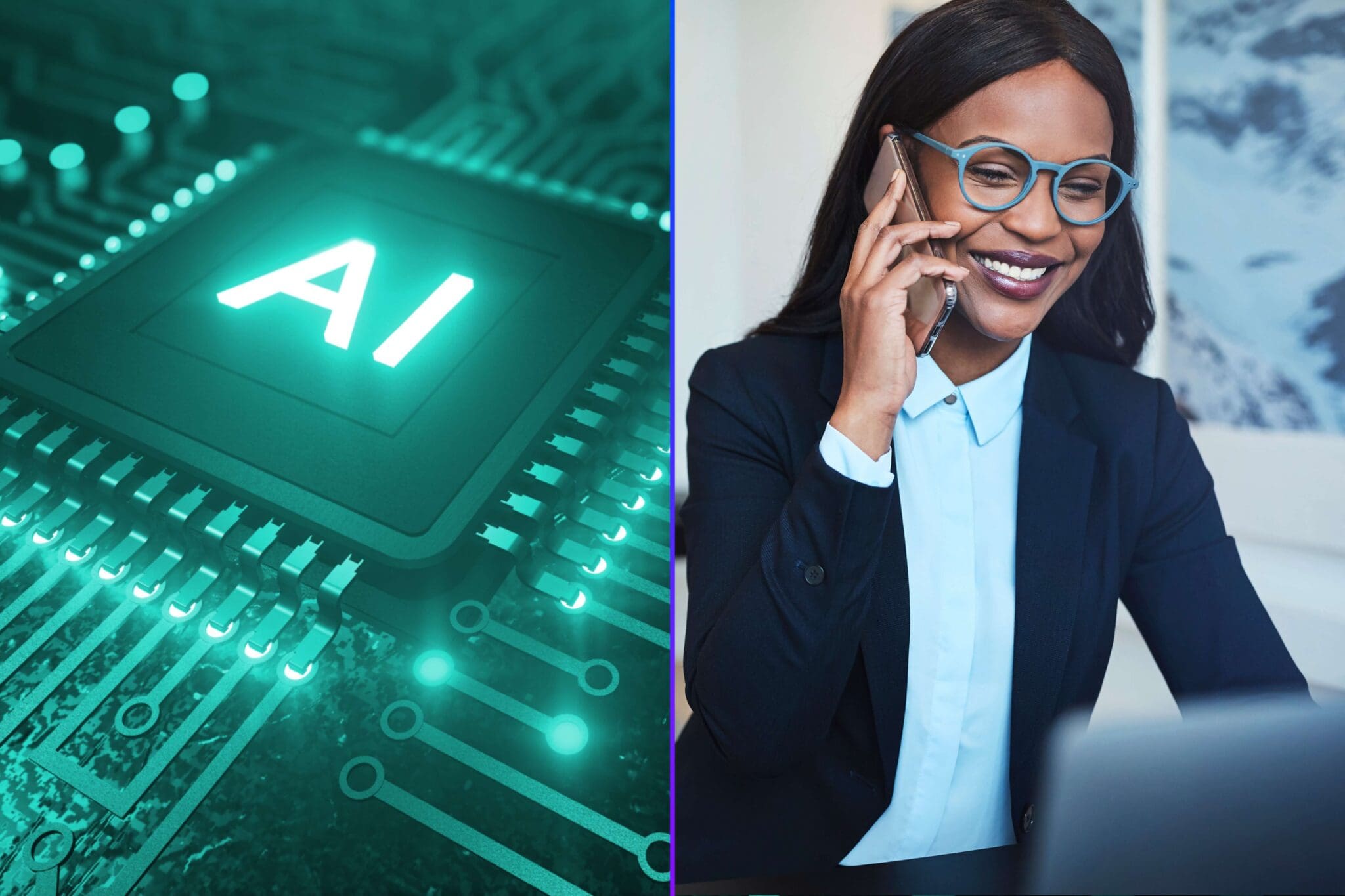 Image divided into two halves, with an AI chip on the left, and a human SDR on the phone on the right