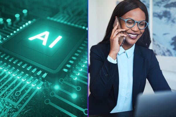 Image divided into two halves, with an AI chip on the left, and a human SDR on the phone on the right