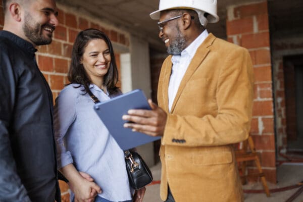 Couple meets with a builder in person after having been qualified using conversational AI tools for construction.