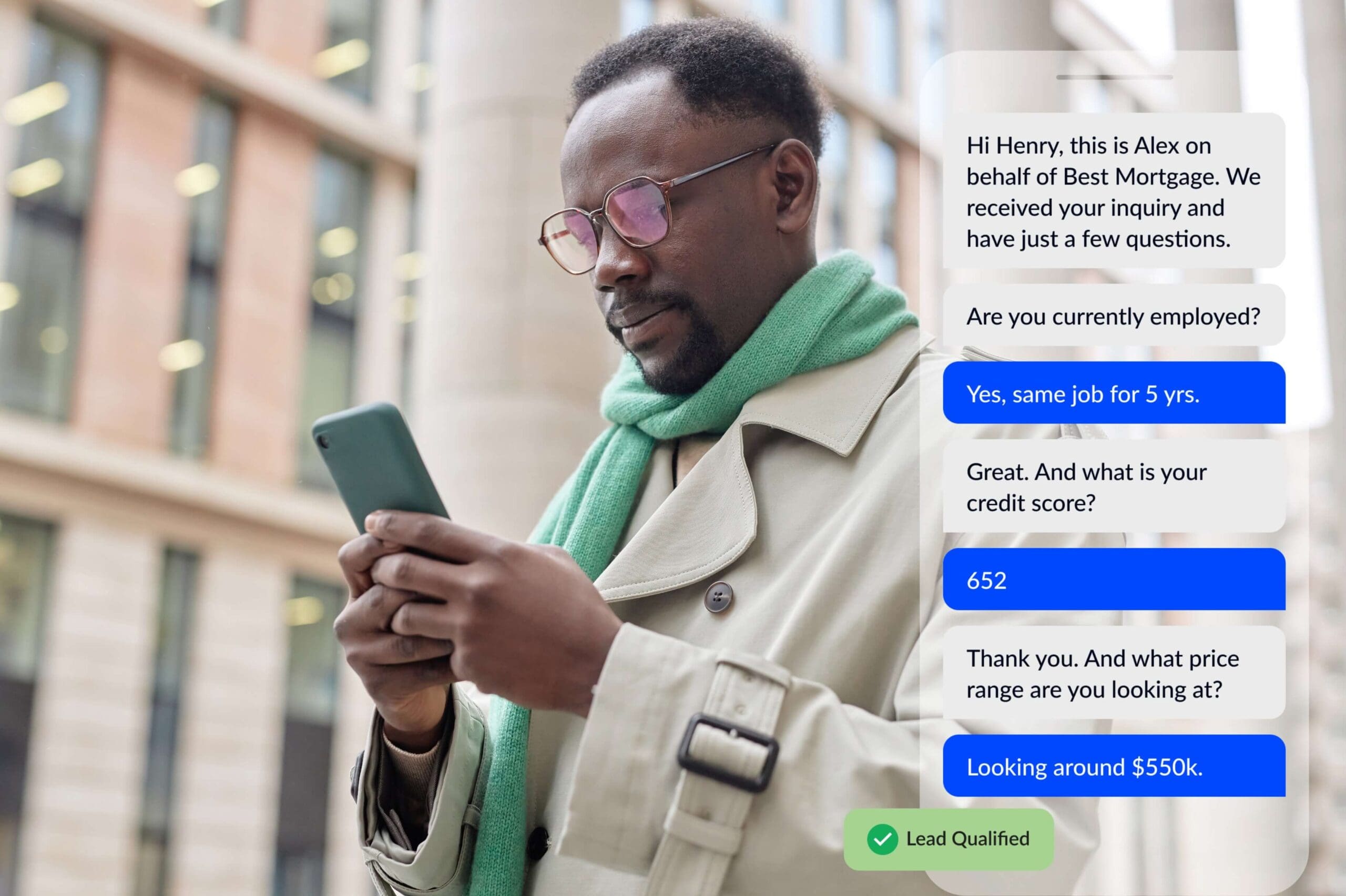 Man texting a mortgage company using AI to ask him qualifying questions via SMS
