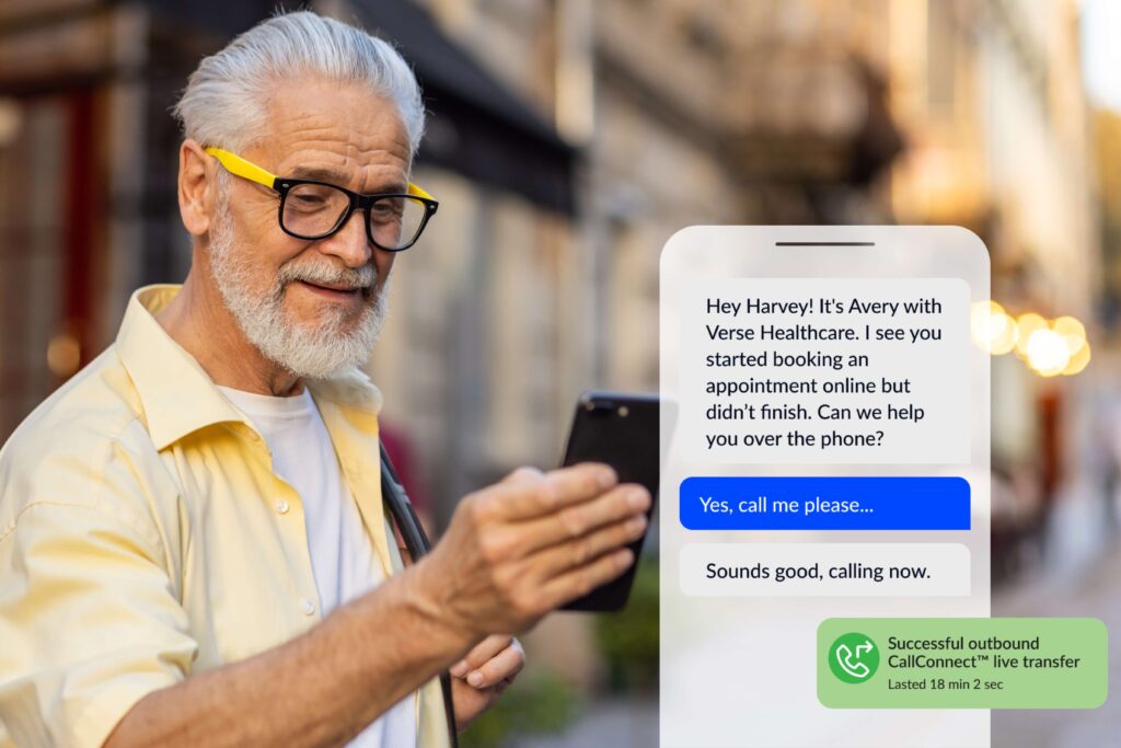 Older man texting healthcare provider about setting an appointment; the provider offers to call and he is live transferred