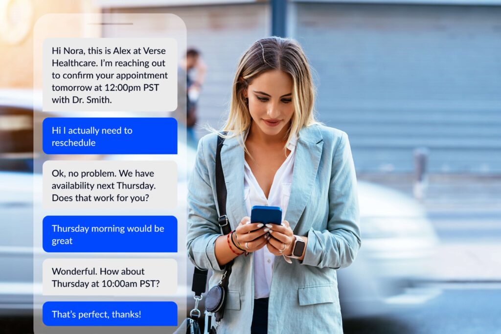 Woman on a busy street texting her healthcare provider about appointment reschedule