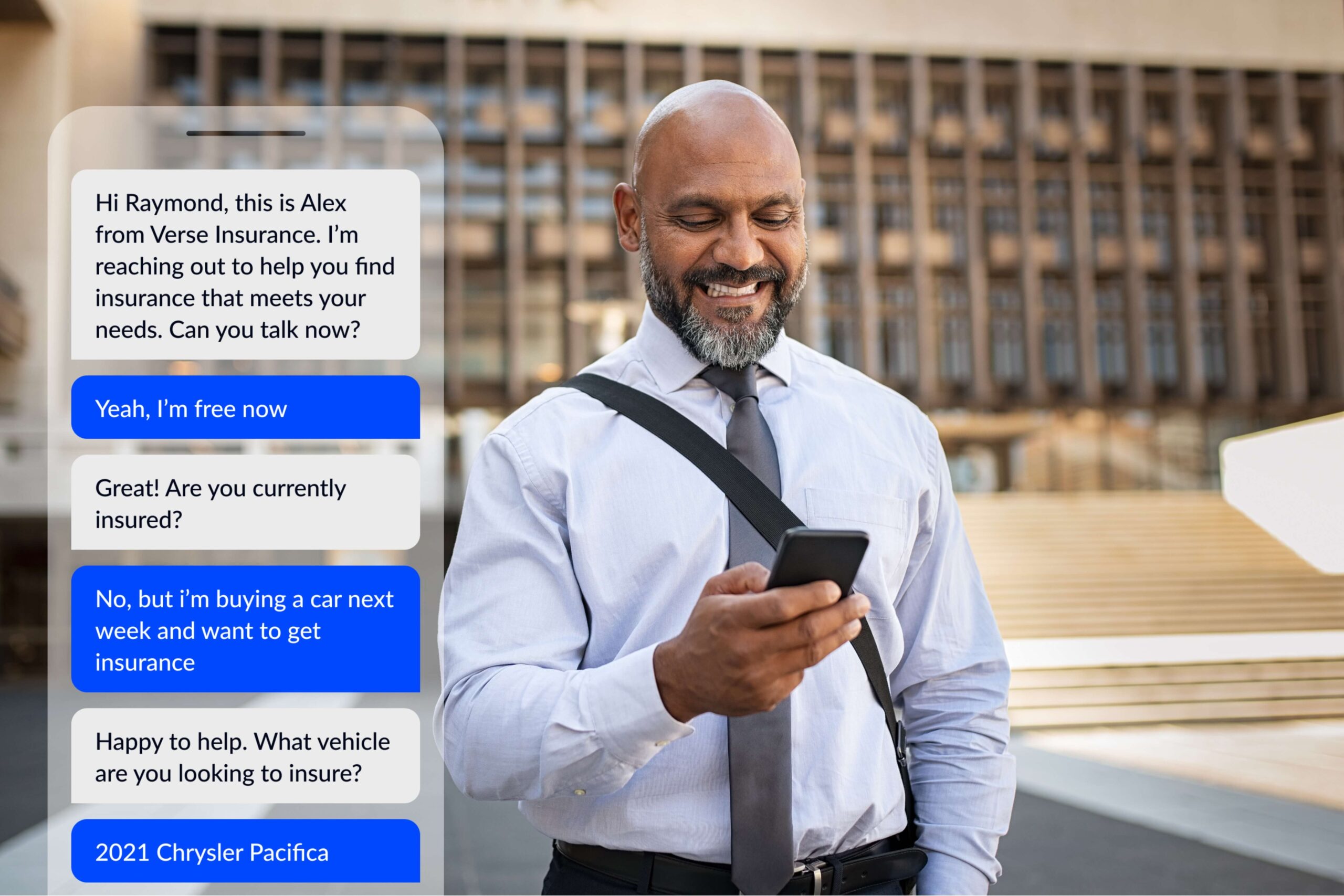 Man texting with a call center about auto insurance