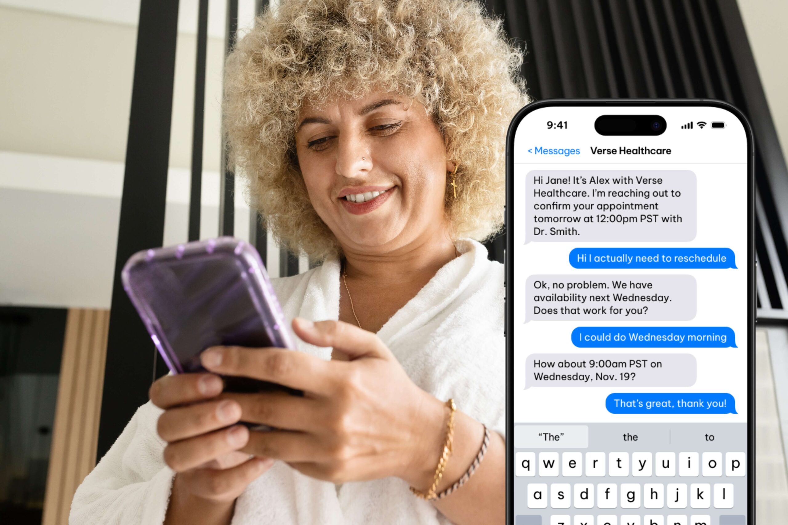 Woman using two-way texting to schedule an appointment