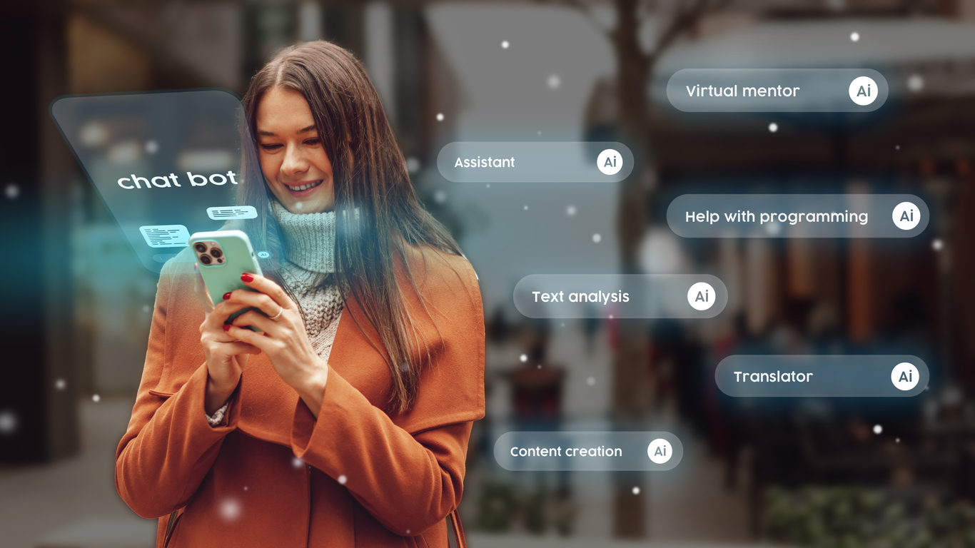 A happy woman uses her phone to get a response from a sales team via chatbot, a tool to help speed up lead response time.