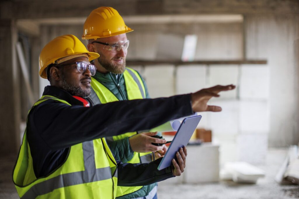Two homebuilders on a worksite discuss growing overhead costs.