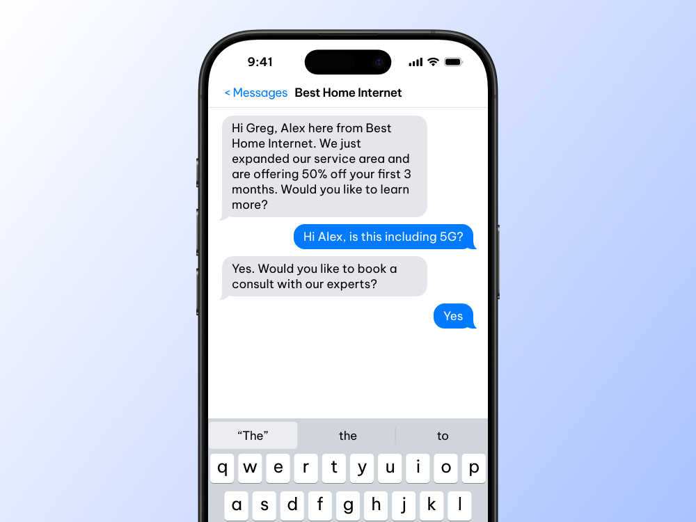 Example of a two-way text conversation about home internet offer