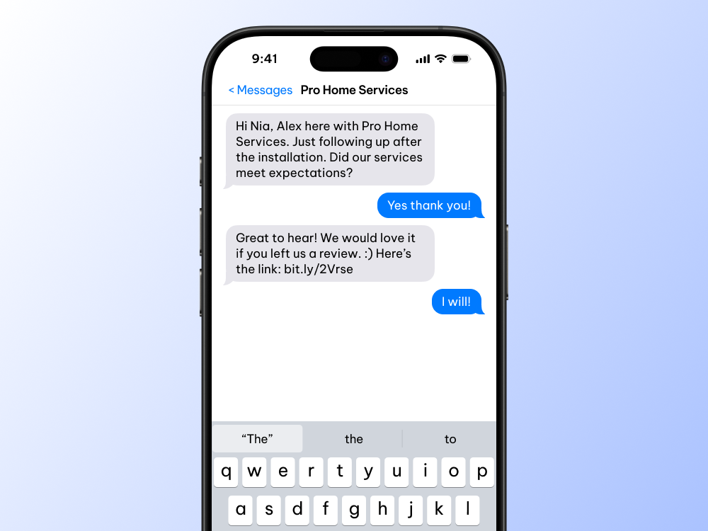 Example of two-way texting used to survey customer satisfaction and invite them to leave a review