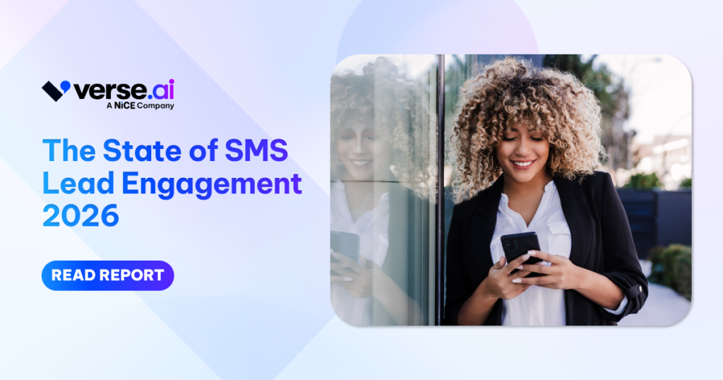 Report: State of SMS Lead Engagement 2026, with a photo of a woman texting
