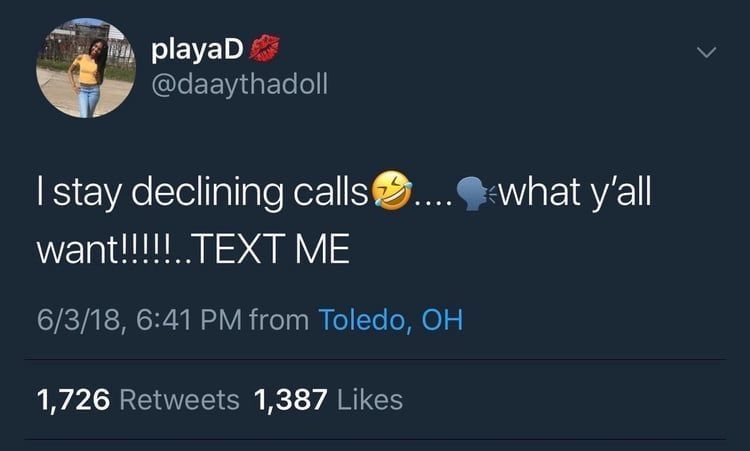 Screenshot of a tweet complaining about phone calls, asking to text instead