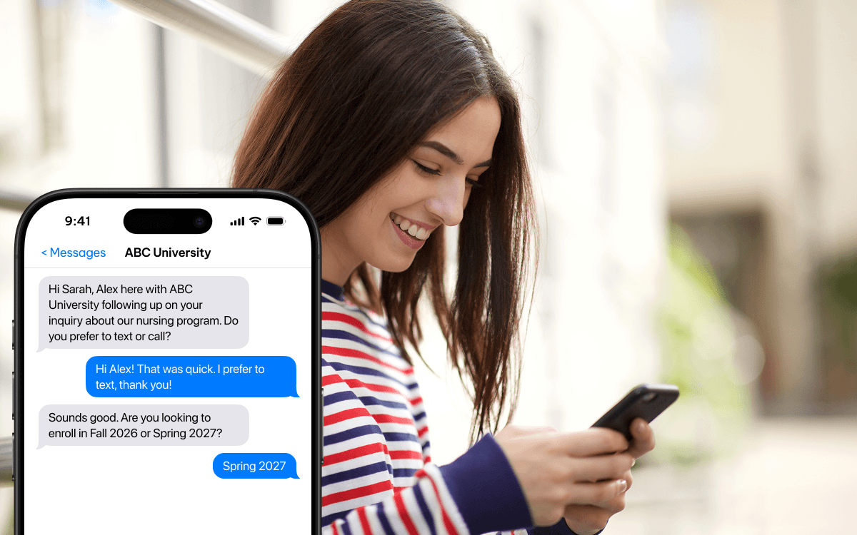 Woman using business SMS to have a conversation with a prospective post-graduate school