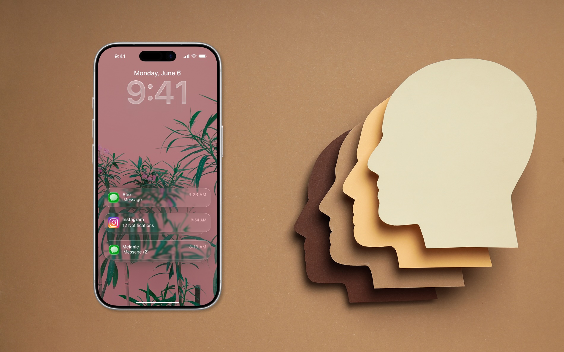 Image with a phone on the left, and multi-colored heads on the right, representing texting psychology