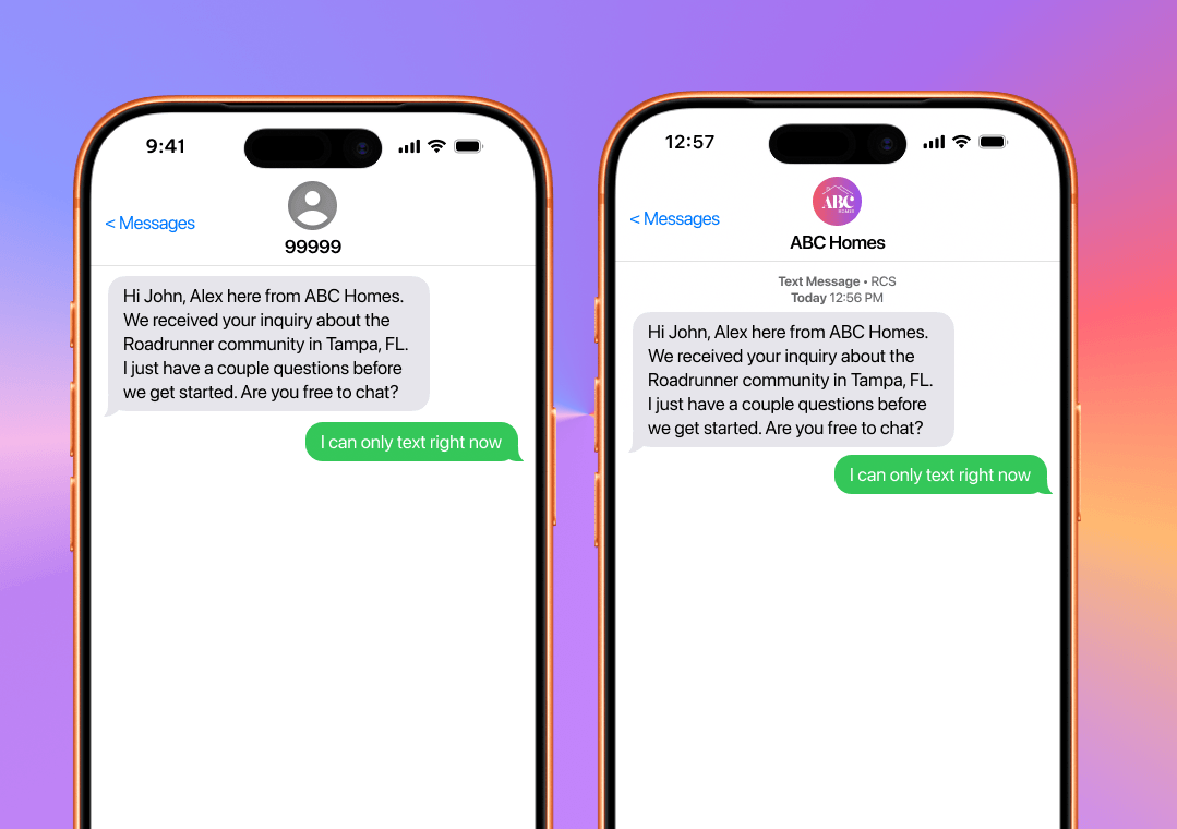 Two phones, one with texts incoming from an unknown short code, and the other with an RCS-enabled business profile