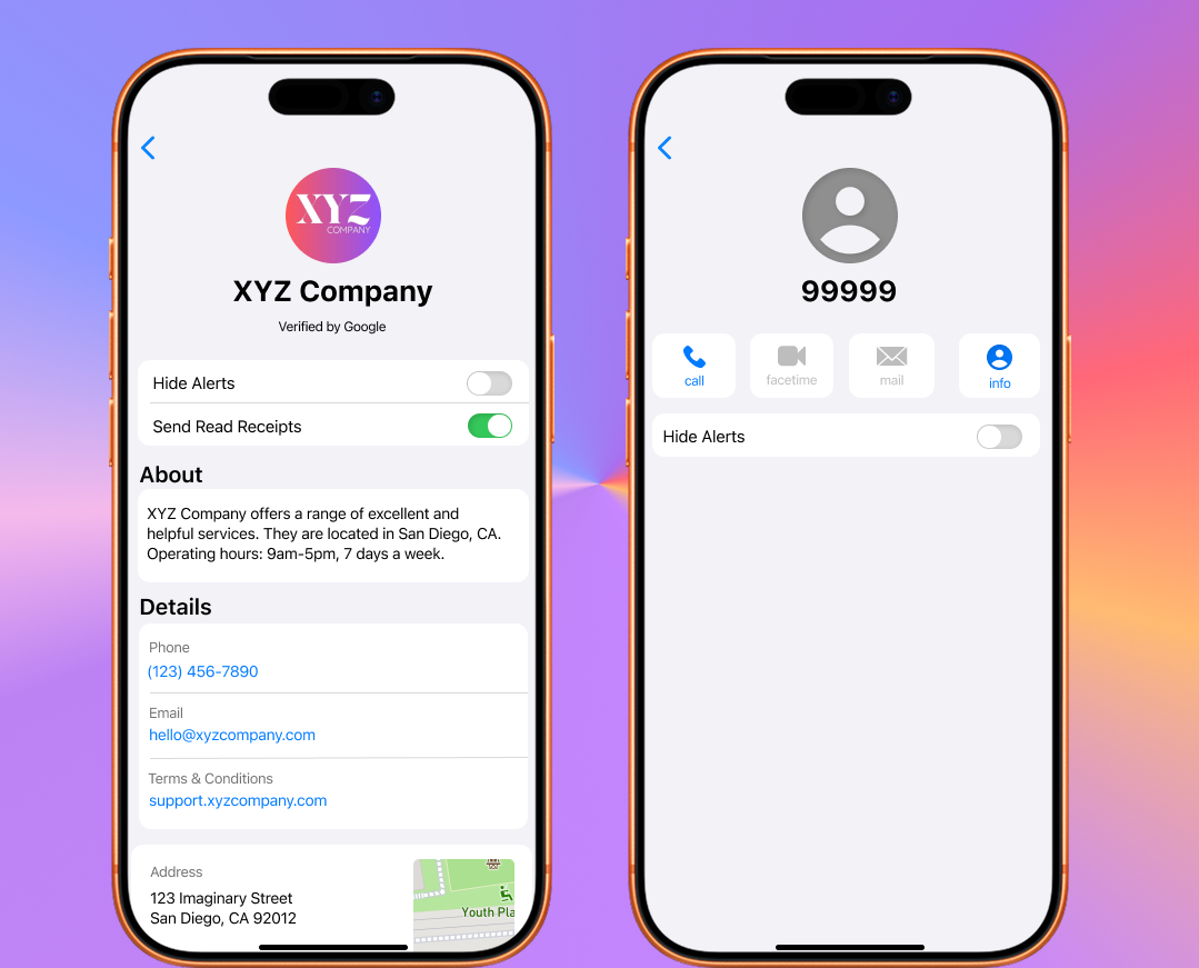 Two phones, one with an RCS business profile and another with a simple short code