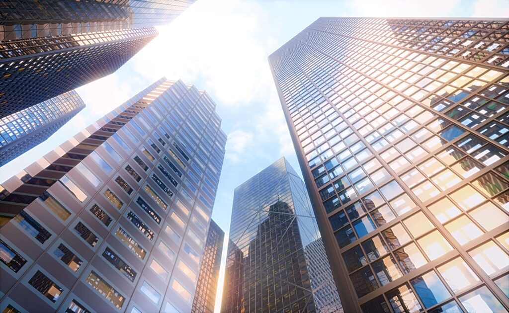 Ground view of lending offices in a city