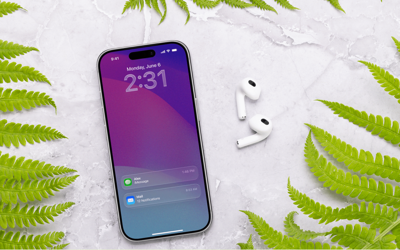 Smartphone on a marble background with SMS and email notifications