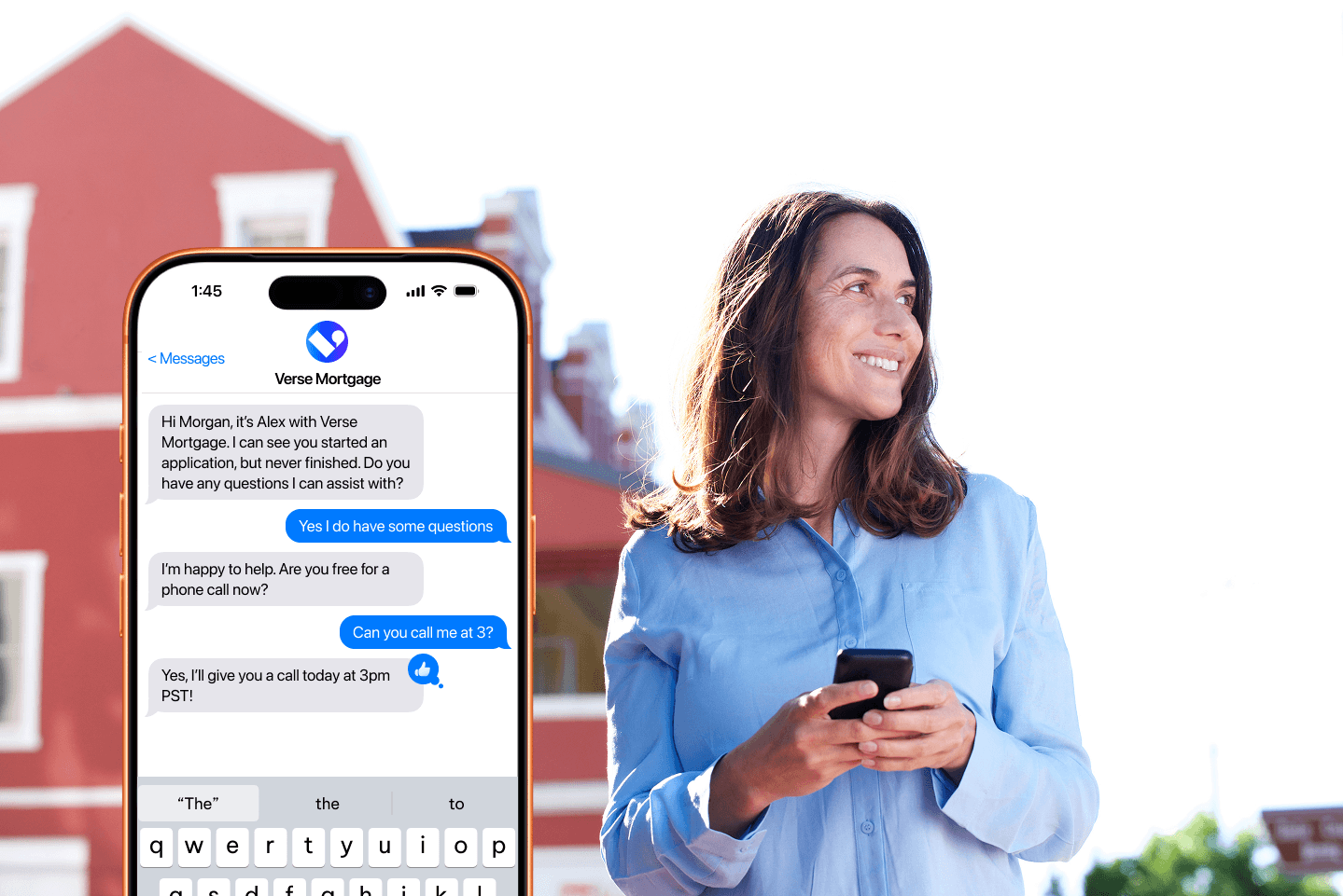 Woman texting with a mortgage lender about her application