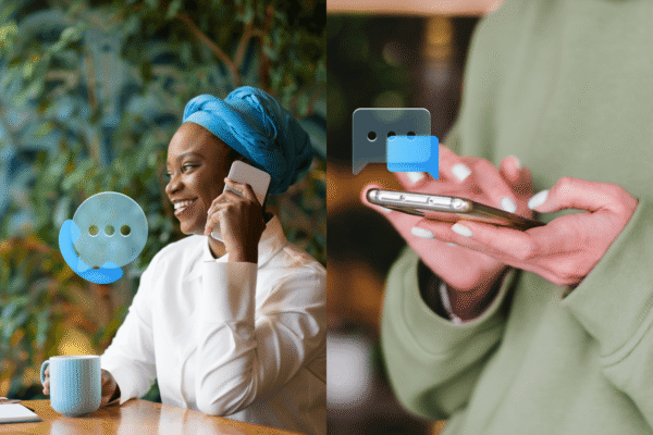 Left side: woman talking on the phone with an AI voice agent. Right side: Person texting with AI texting agent