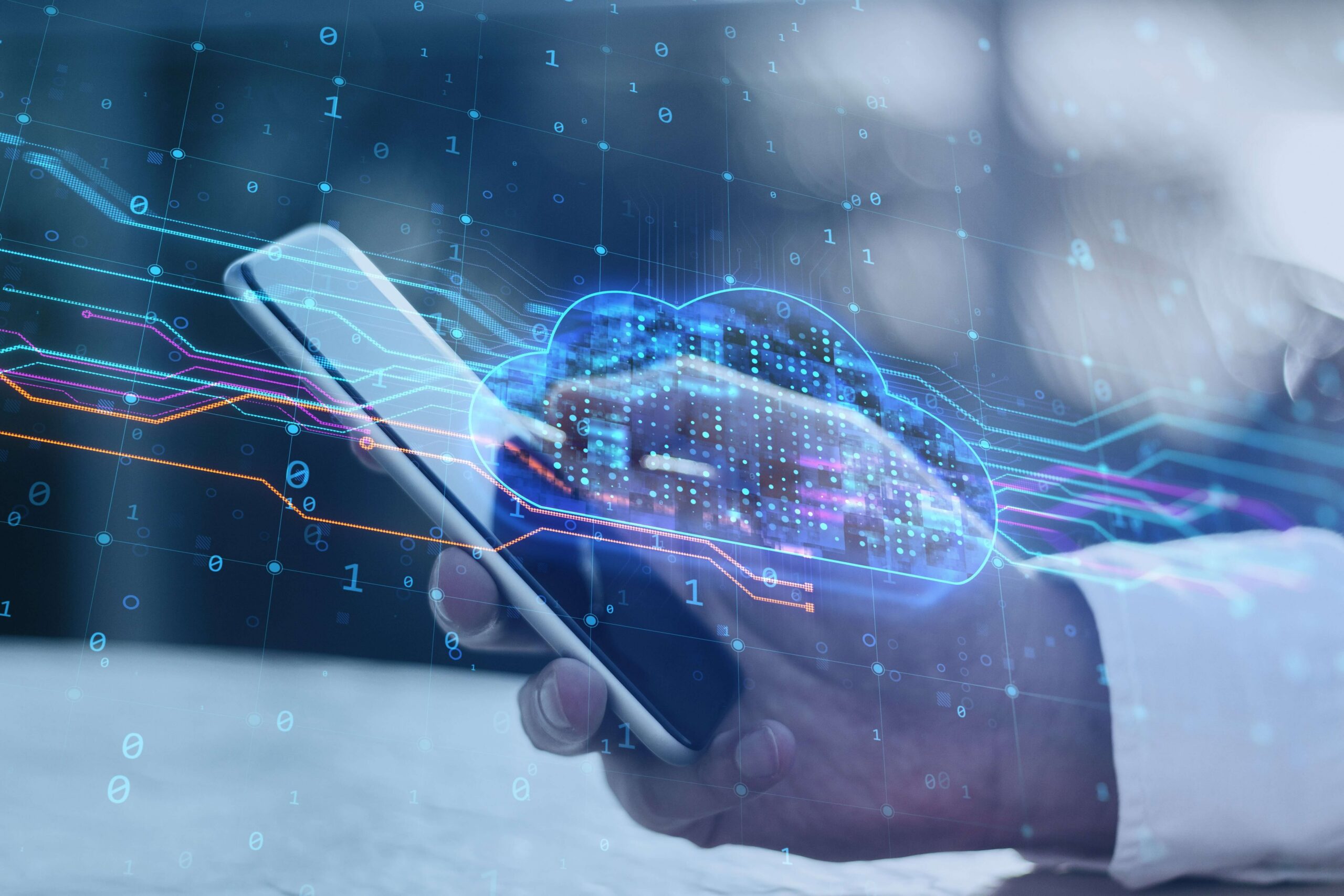 Businessman uses conversational AI on his cell phone