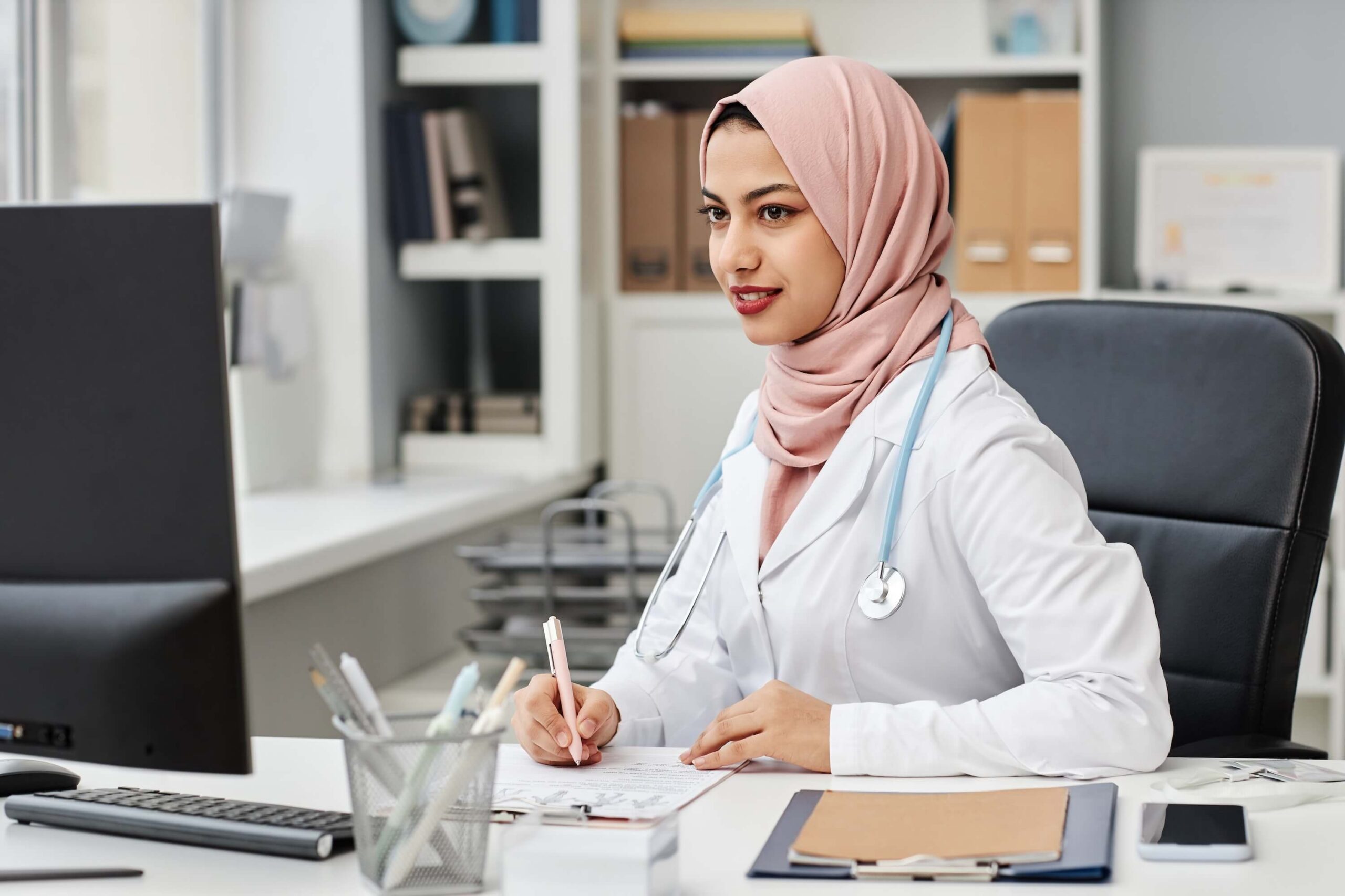 Healthcare professional focuses on work in a clinic