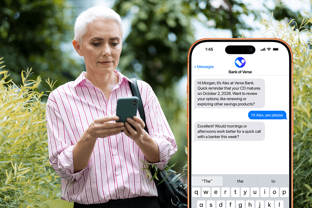 Woman texts with a bank using two-way SMS marketing